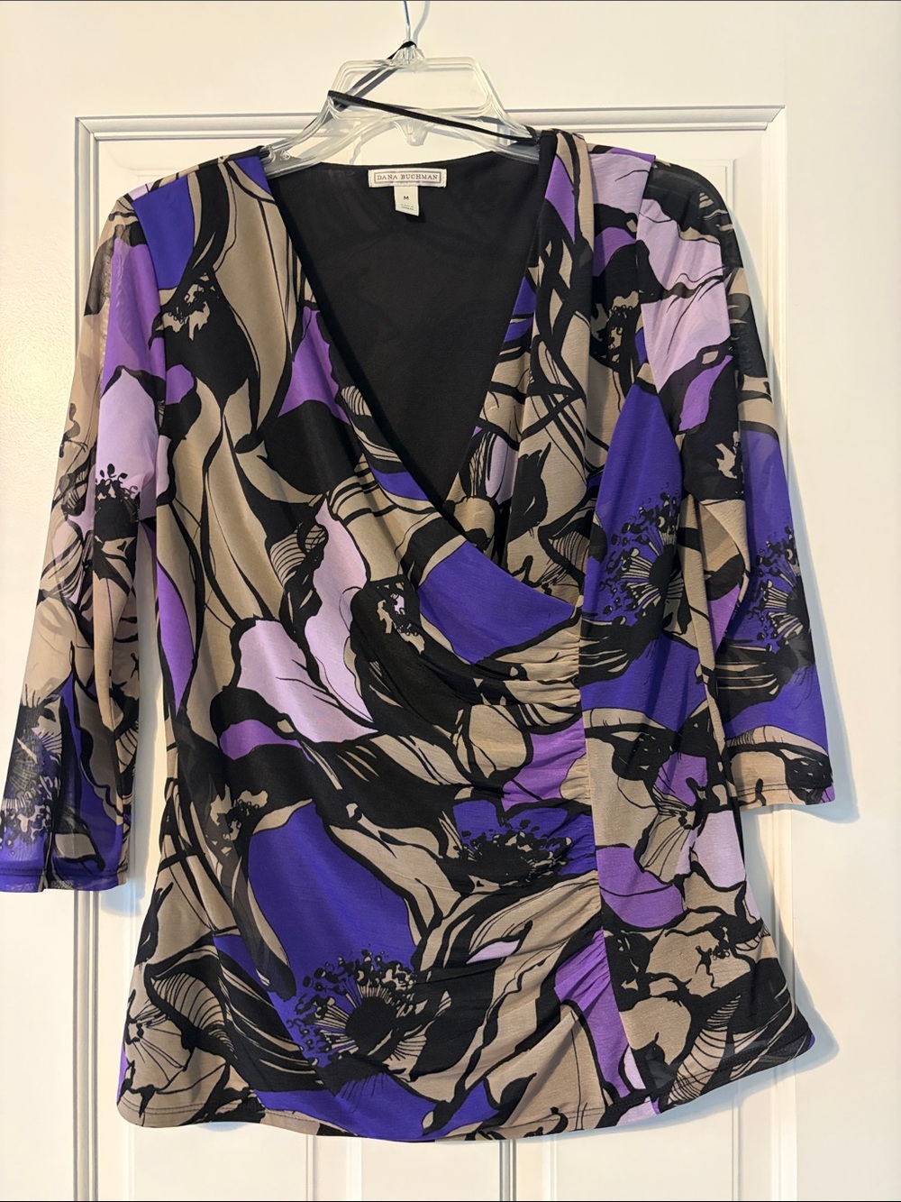 Dana Buchman Black, Purple & Tan Floral Wrap Top